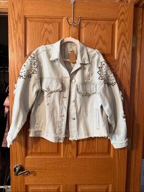 POL Light Wash Embellished Studded Denim Jacket